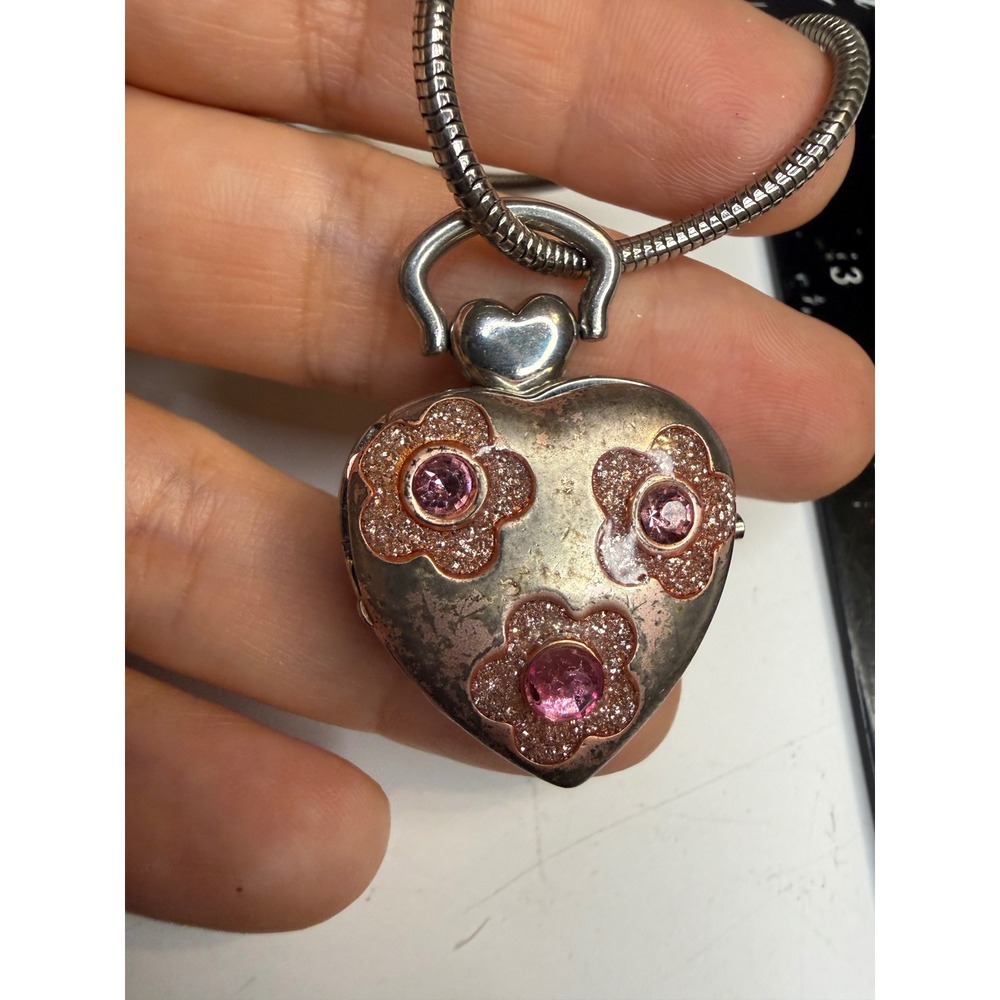 Silver Tone Heart Locket Digital Watch Pendant Necklace Pink Floral Rhinestone